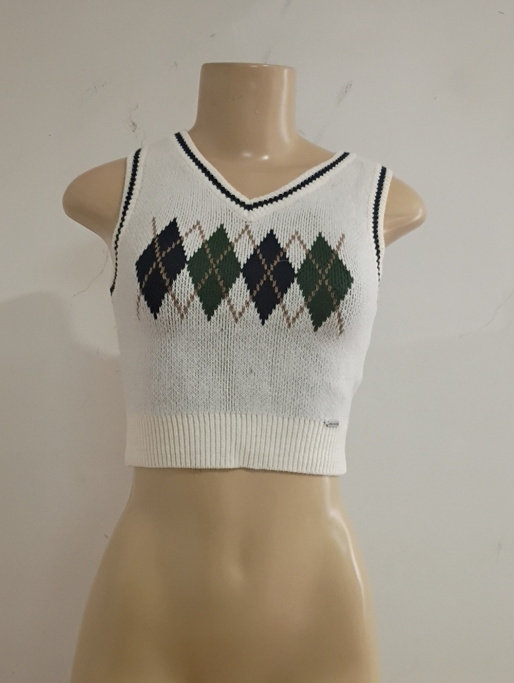 Hollister White Argyle Cropped V-Neck Knit Tank with Green & Navy